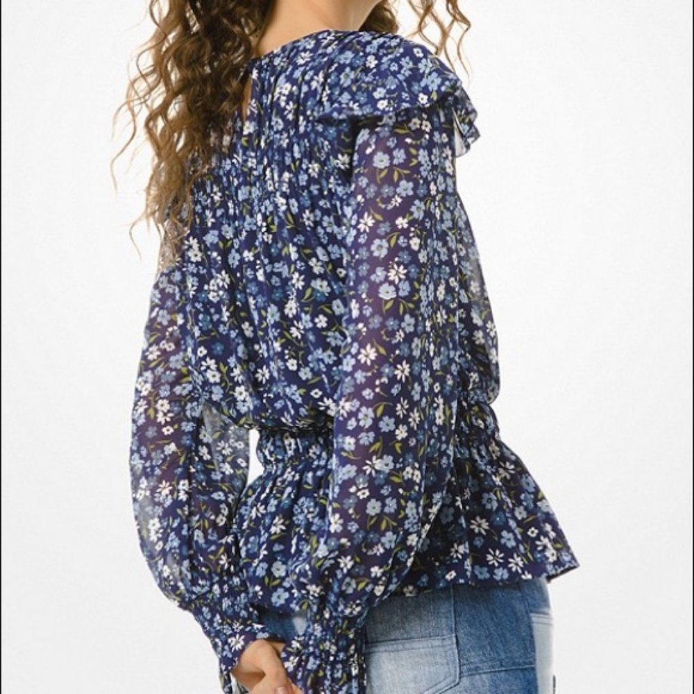 NWT Michael Kors Floral Smocked Georgette Blouse - Size XL